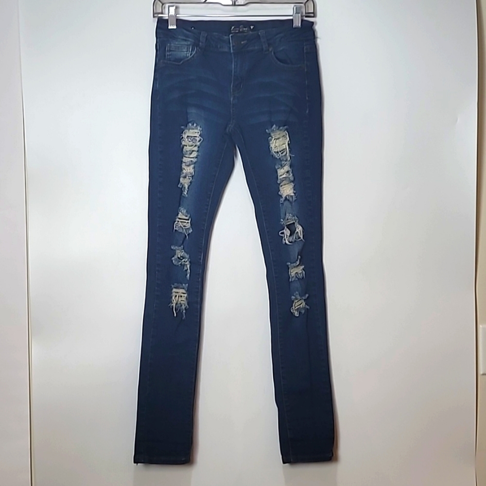 Roma Studio Premium Collection Distressed Skinny Jeans - Dark Wash